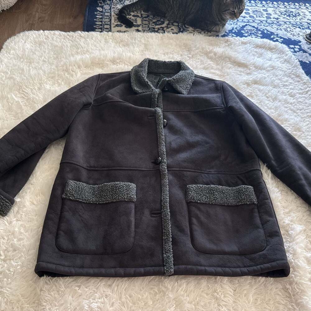Vtg Ralph Lauren Women's Black Gray Sherpa Lined Button Up Coat Medium Winter